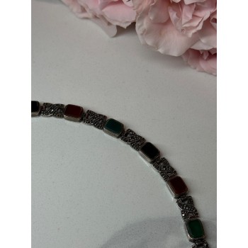 925 Sterling Silver Nephrite & Marcasite Bracelet Length 7.5 Inch