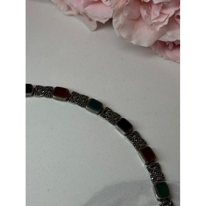 925 Sterling Silver Nephrite & Marcasite Bracelet Length 7.5 Inch