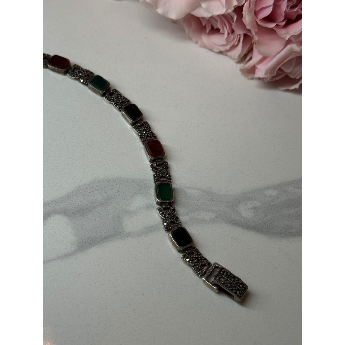 925 Sterling Silver Nephrite & Marcasite Bracelet Length 7.5 Inch