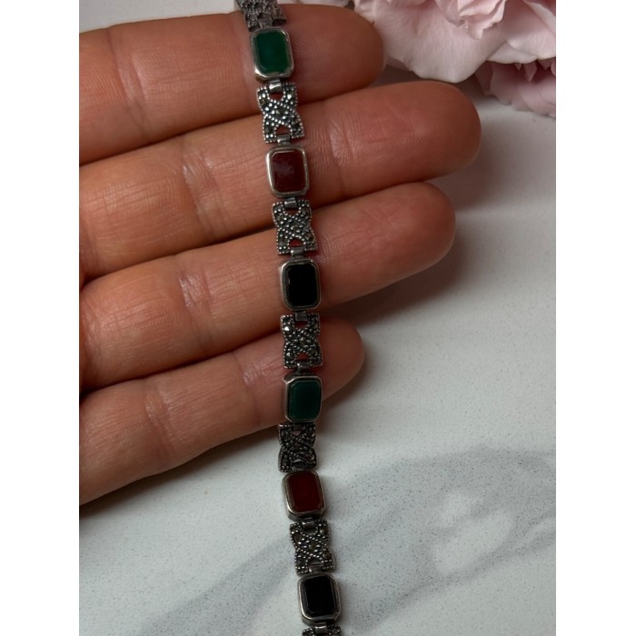 925 Sterling Silver Nephrite & Marcasite Bracelet Length 7.5 Inch