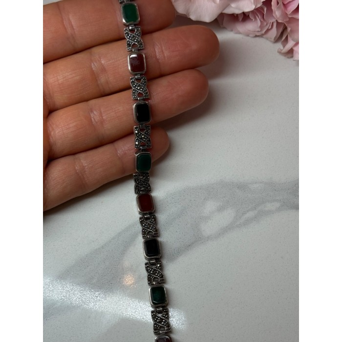 925 Sterling Silver Nephrite & Marcasite Bracelet Length 7.5 Inch