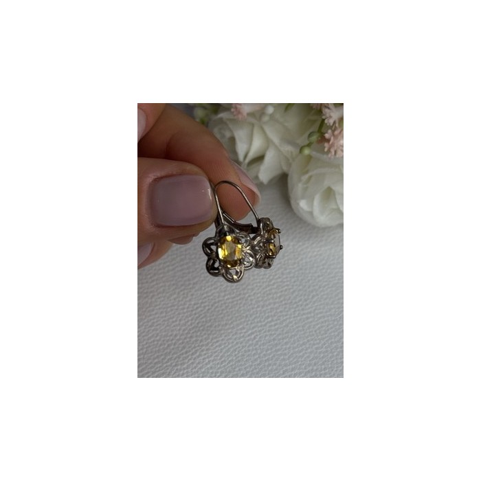 925 Sterling Silver Citrine Flower Earrings Length 1 Inch