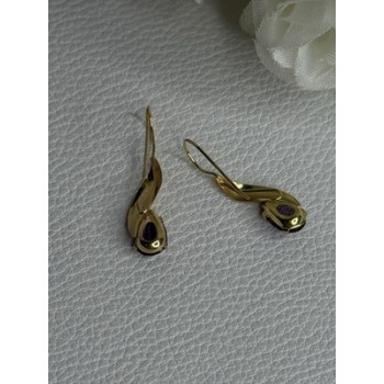 14K Yellow Gold Amethyst Earrings Length 0.90 inch