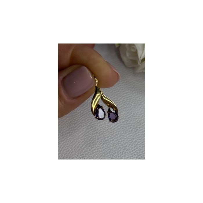 14K Yellow Gold Amethyst Earrings Length 0.90 inch