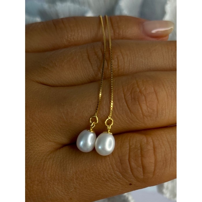 925 Sterling Silver Gold Plated Pearl Earrings Length 4 inch