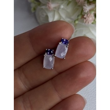 925 Sterling Silver Morganite & Amethyst Earrings Length 0.45 Inch