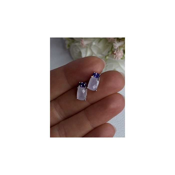 925 Sterling Silver Morganite & Amethyst Earrings Length 0.45 Inch