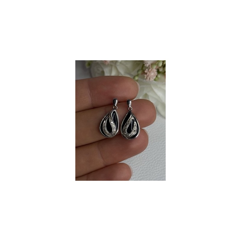 Elegant 925 Sterling Silver Black Onyx & Diamonds Earrings Length 0.80 Inch
