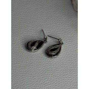 Elegant 925 Sterling Silver Black Onyx & Diamonds Earrings Length 0.80 Inch