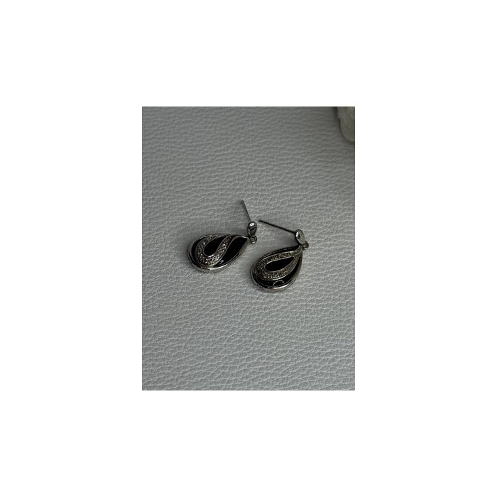 Elegant 925 Sterling Silver Black Onyx & Diamonds Earrings Length 0.80 Inch