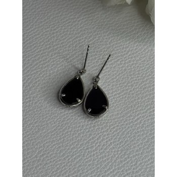 Elegant 925 Sterling Silver Black Onyx & Diamonds Earrings Length 0.80 Inch