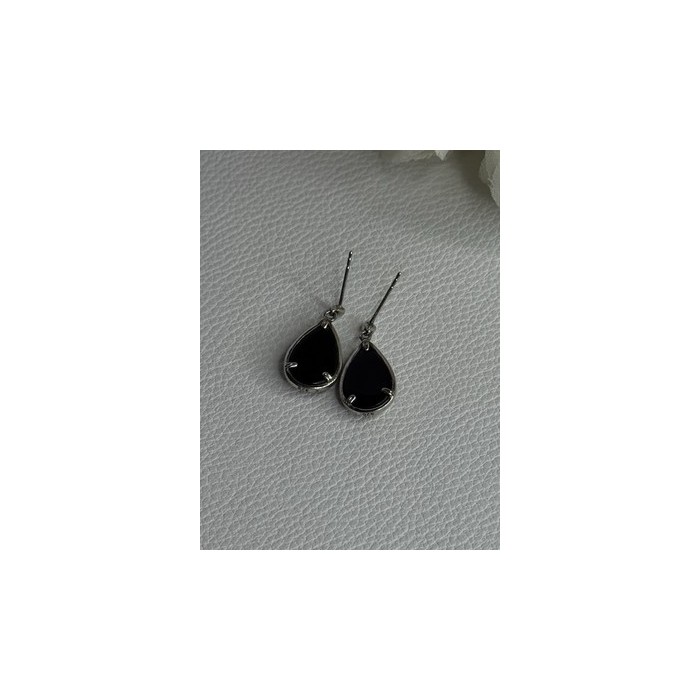 Elegant 925 Sterling Silver Black Onyx & Diamonds Earrings Length 0.80 Inch