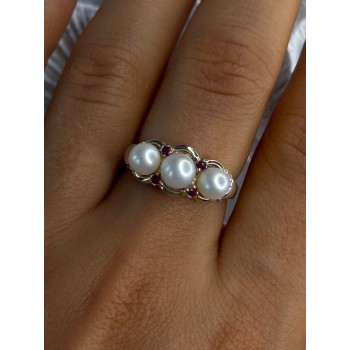 925 Sterling Silver Pearl & Ruby Ring Size 8