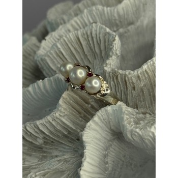 925 Sterling Silver Pearl & Ruby Ring Size 8