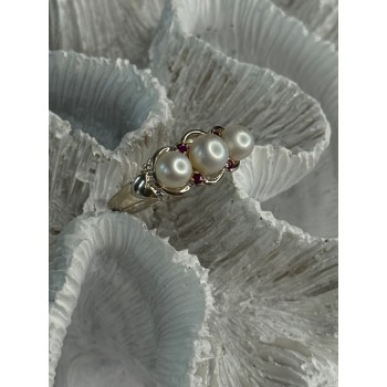 925 Sterling Silver Pearl & Ruby Ring Size 8