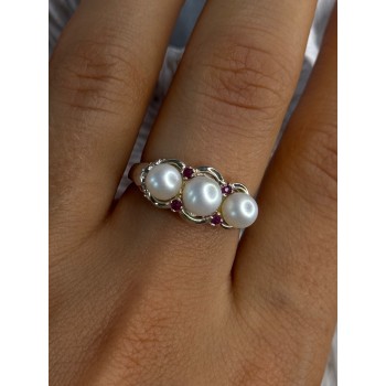 925 Sterling Silver Pearl & Ruby Ring Size 8