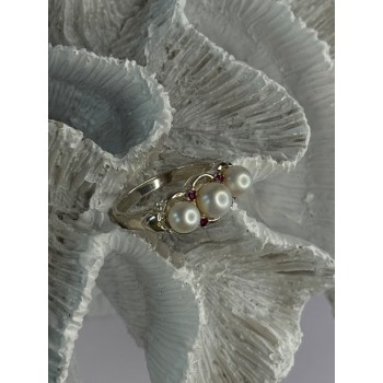 925 Sterling Silver Pearl & Ruby Ring Size 8