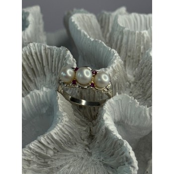 925 Sterling Silver Pearl & Ruby Ring Size 8
