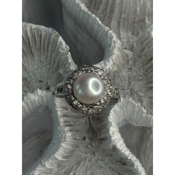 925 Sterling Silver Pearl & Beryl Ring Size 9