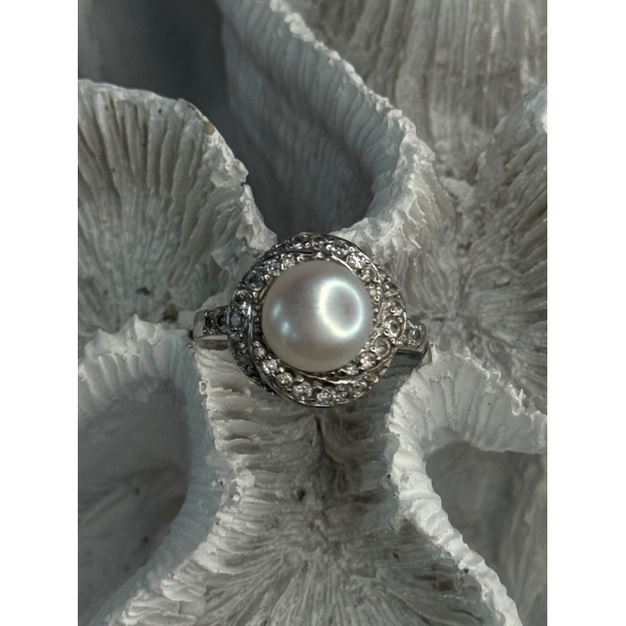 925 Sterling Silver Pearl & Beryl Ring Size 9