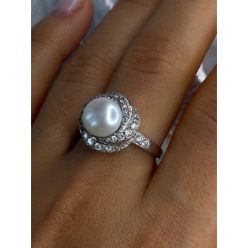 925 Sterling Silver Pearl & Beryl Ring Size 9