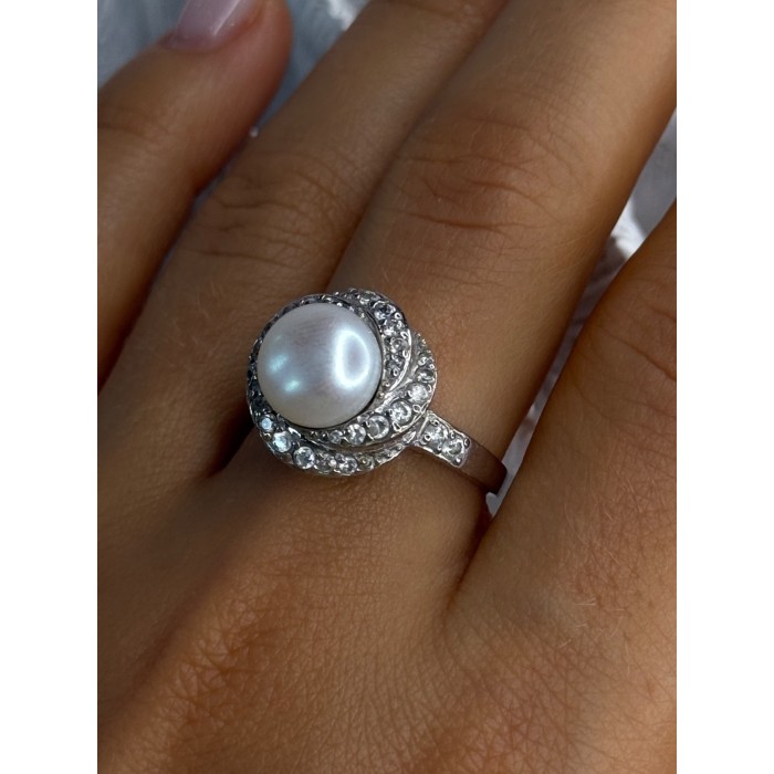 925 Sterling Silver Pearl & Beryl Ring Size 9