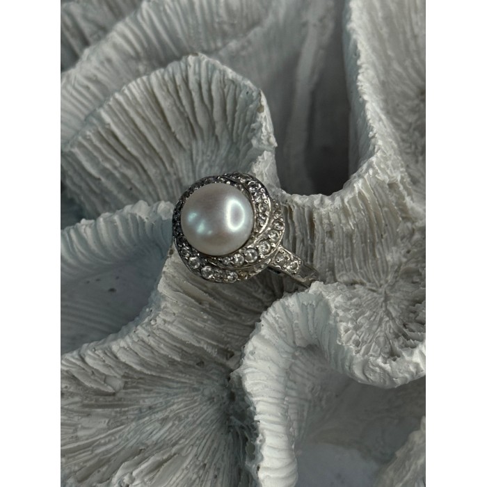 925 Sterling Silver Pearl & Beryl Ring Size 9