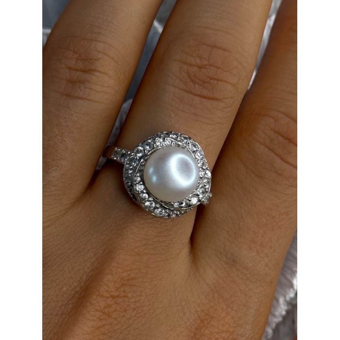 925 Sterling Silver Pearl & Beryl Ring Size 9