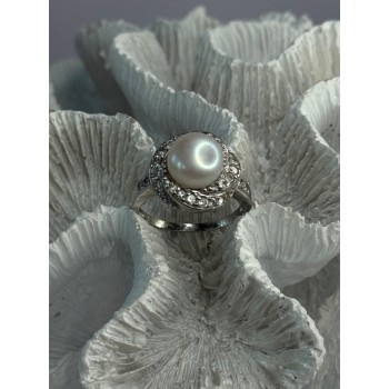 925 Sterling Silver Pearl & Beryl Ring Size 9