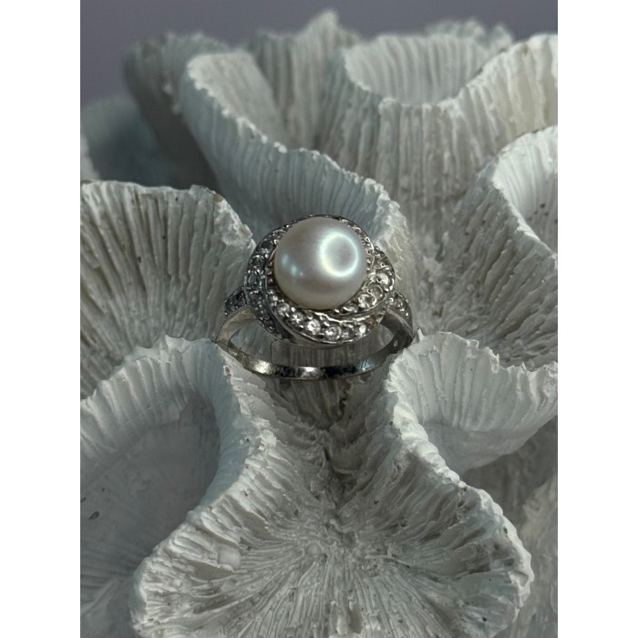 925 Sterling Silver Pearl & Beryl Ring Size 9