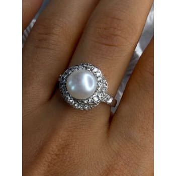 925 Sterling Silver Pearl & Beryl Ring Size 9