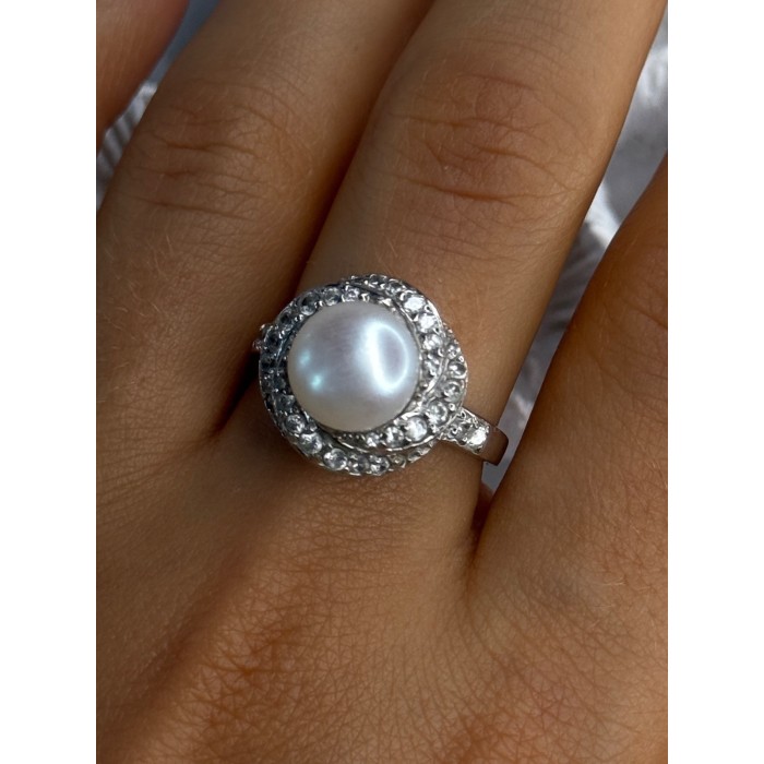 925 Sterling Silver Pearl & Beryl Ring Size 9