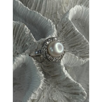 925 Sterling Silver Pearl & Beryl Ring Size 9