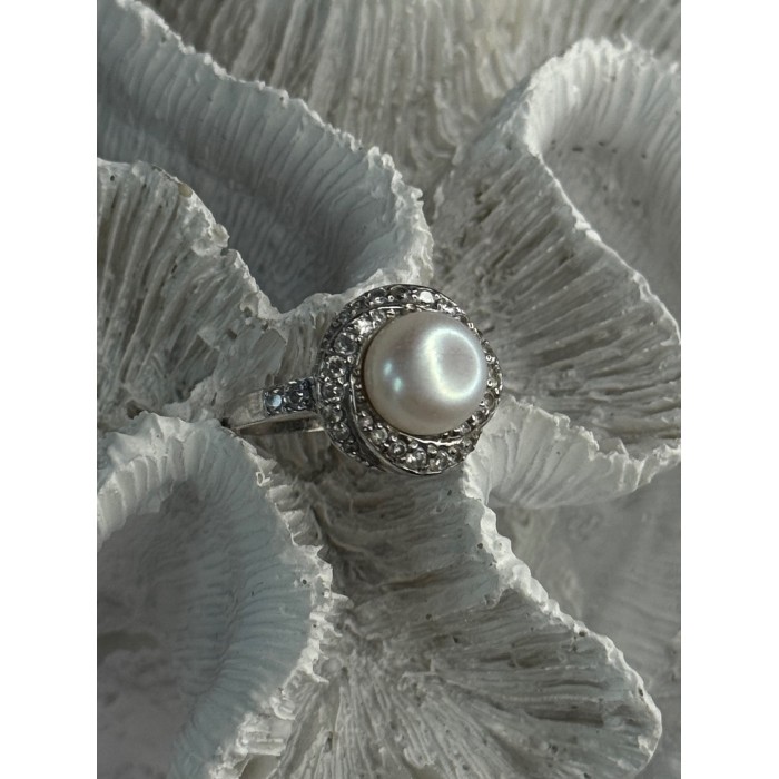 925 Sterling Silver Pearl & Beryl Ring Size 9