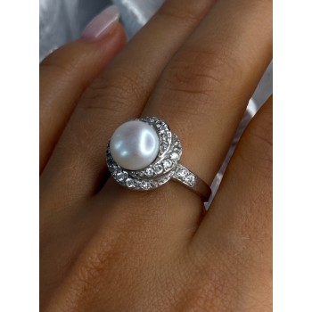 925 Sterling Silver Pearl & Beryl Ring Size 9