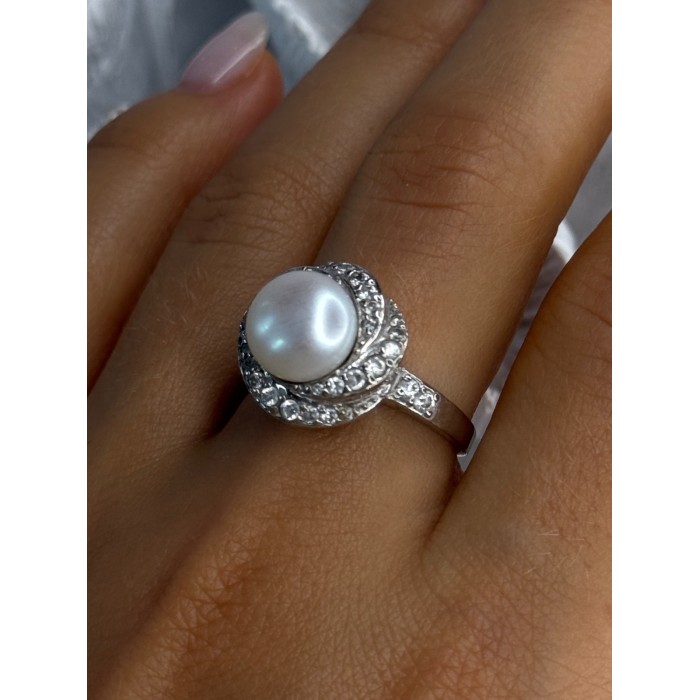 925 Sterling Silver Pearl & Beryl Ring Size 9