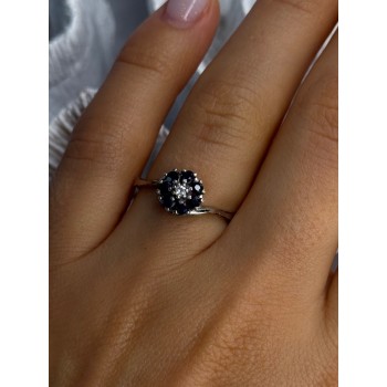 925 Sterling Silver Blue & White Sapphire Flower Ring Sizable