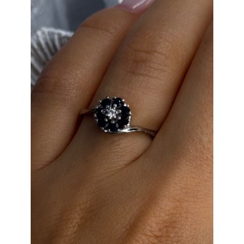 925 Sterling Silver Blue & White Sapphire Flower Ring Sizable