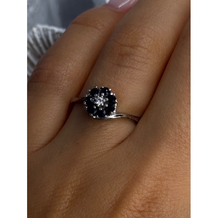 925 Sterling Silver Blue & White Sapphire Flower Ring Sizable