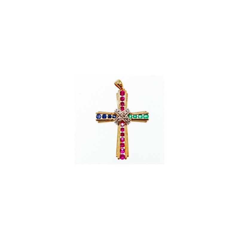 925 Sterling Silver Gold Plated Emerald, Pink & Blue Topaz Cross Pendant