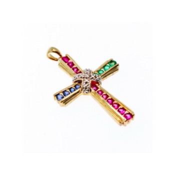 925 Sterling Silver Gold Plated Emerald, Pink & Blue Topaz Cross Pendant