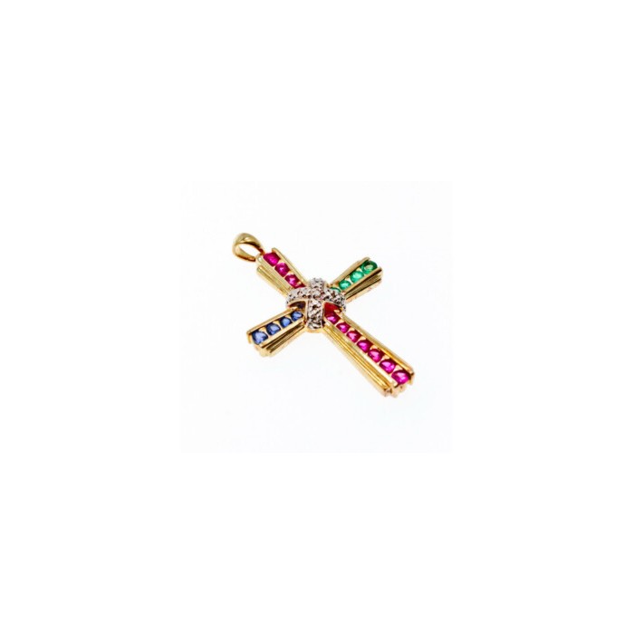 925 Sterling Silver Gold Plated Emerald, Pink & Blue Topaz Cross Pendant