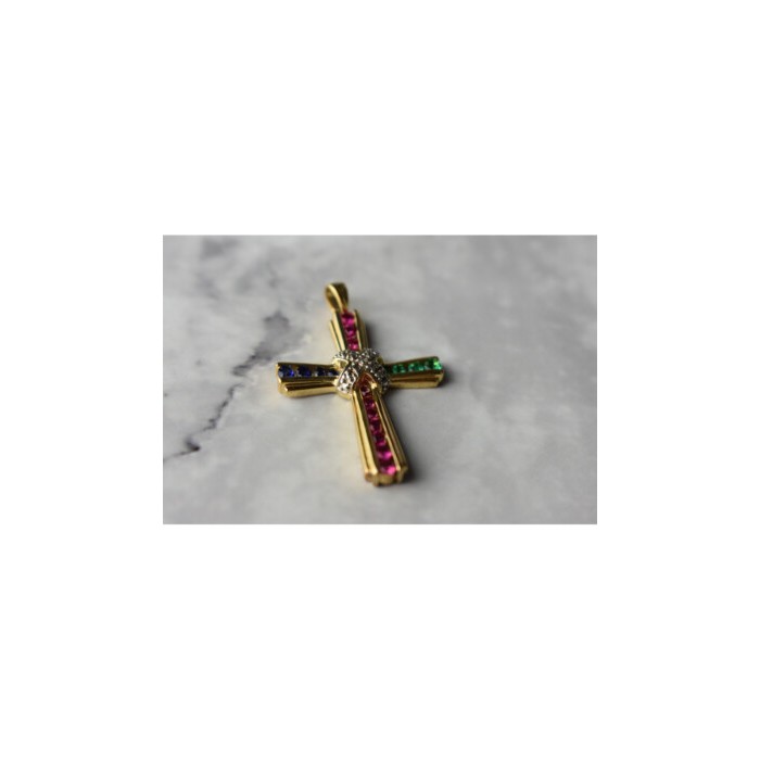925 Sterling Silver Gold Plated Emerald, Pink & Blue Topaz Cross Pendant