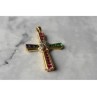 925 Sterling Silver Gold Plated Emerald, Pink & Blue Topaz Cross Pendant