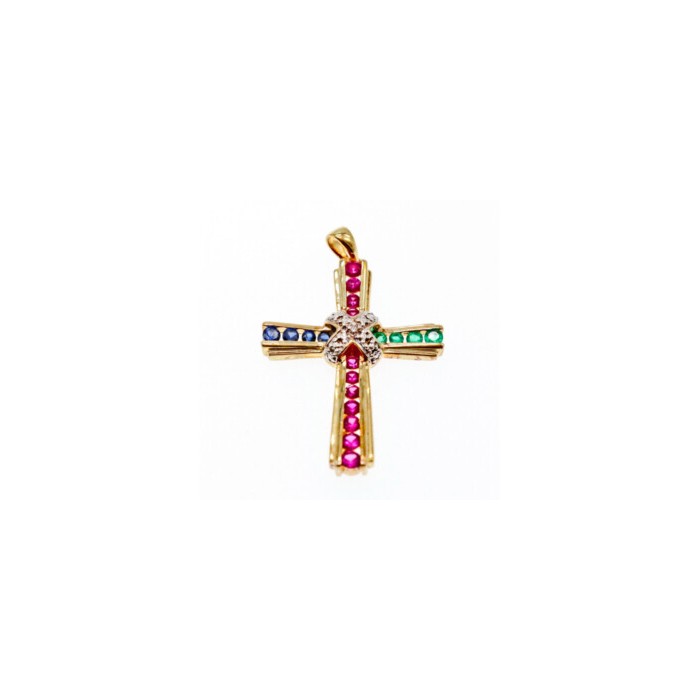 925 Sterling Silver Gold Plated Emerald, Pink & Blue Topaz Cross Pendant