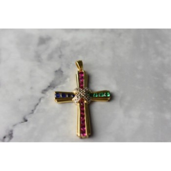 925 Sterling Silver Gold Plated Emerald, Pink & Blue Topaz Cross Pendant