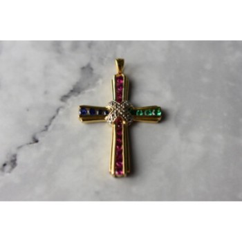 925 Sterling Silver Gold Plated Emerald, Pink & Blue Topaz Cross Pendant