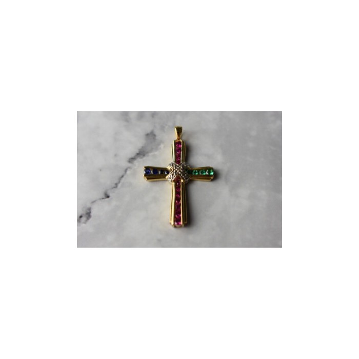 925 Sterling Silver Gold Plated Emerald, Pink & Blue Topaz Cross Pendant