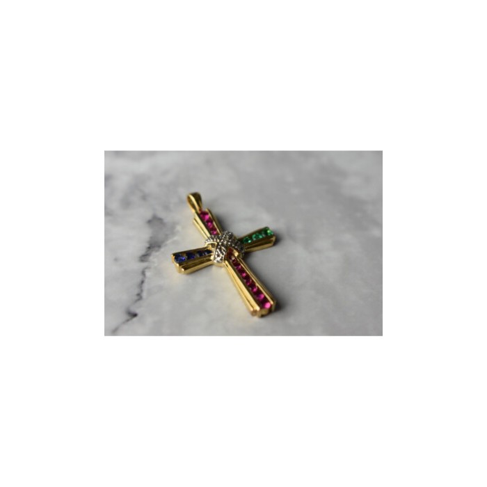925 Sterling Silver Gold Plated Emerald, Pink & Blue Topaz Cross Pendant