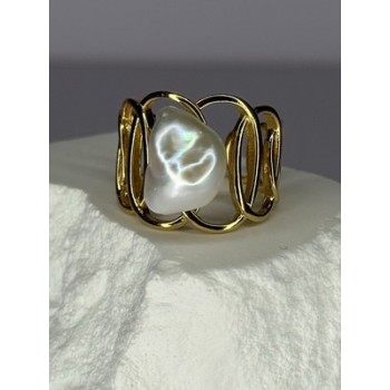 925 STERLING SILVER GOLD PLATED PEARL RING SIZE ADJUSTABLE